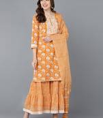 orange color embroidered pure cotton styles kurta sharara with dupatta