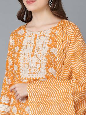 orange color embroidered pure cotton styles kurta sharara with dupatta 2