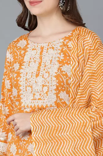 orange color embroidered pure cotton styles kurta sharara with dupatta