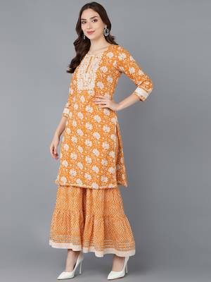 orange color embroidered pure cotton styles kurta sharara with dupatta 3