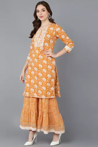 orange color embroidered pure cotton styles kurta sharara with dupatta