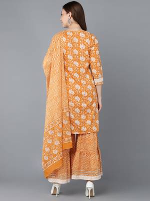 orange color embroidered pure cotton styles kurta sharara with dupatta 4
