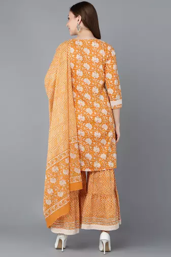 orange color embroidered pure cotton styles kurta sharara with dupatta