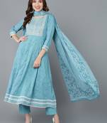 blue color embroidered rayon blend styles kurta trouser with dupatta