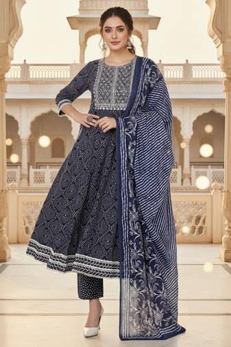 navy blue color embroidered rayon styles kurta trouser with dupatta