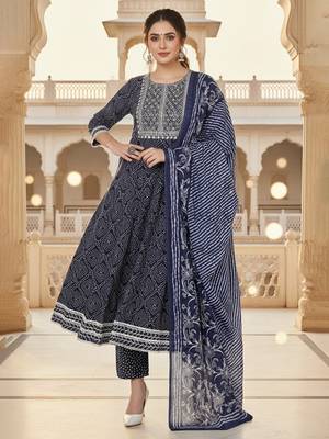 navy blue color embroidered rayon styles kurta trouser with dupatta 1