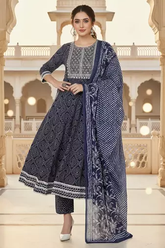 navy blue color embroidered rayon styles kurta trouser with dupatta