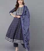 navy blue color embroidered rayon styles kurta trouser with dupatta