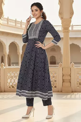 navy blue color embroidered rayon styles kurta trouser with dupatta