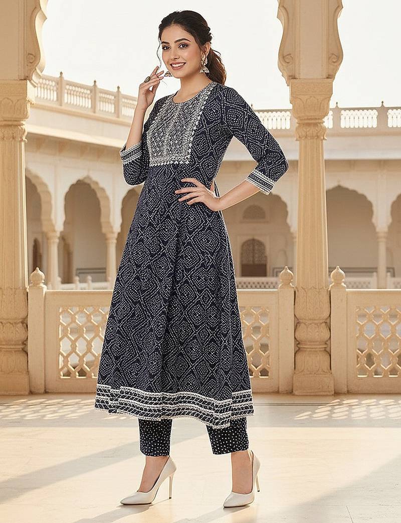 navy blue color embroidered rayon styles kurta trouser with dupatta