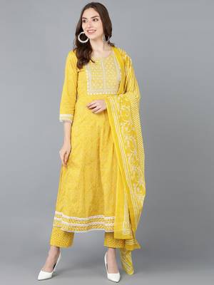 yellow color embroidered rayon styles kurta trouser with dupatta 1