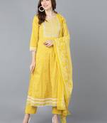 yellow color embroidered rayon styles kurta trouser with dupatta