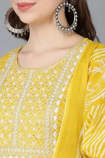 yellow color embroidered rayon styles kurta trouser with dupatta
