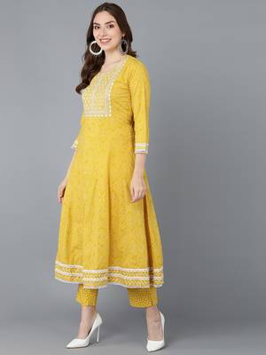 yellow color embroidered rayon styles kurta trouser with dupatta 3