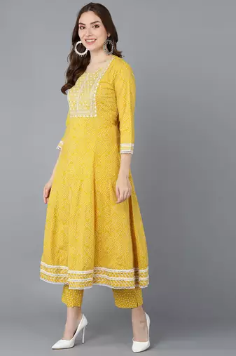 yellow color embroidered rayon styles kurta trouser with dupatta