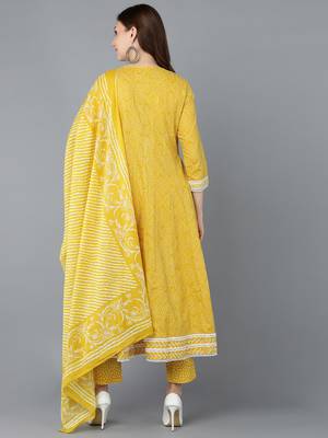 yellow color embroidered rayon styles kurta trouser with dupatta 4