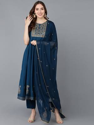 teal color embroidered silk blend styles kurta trouser with dupatta 1