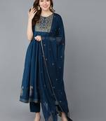 teal color embroidered silk blend styles kurta trouser with dupatta