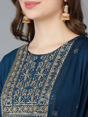 teal color embroidered silk blend styles kurta trouser with dupatta 2