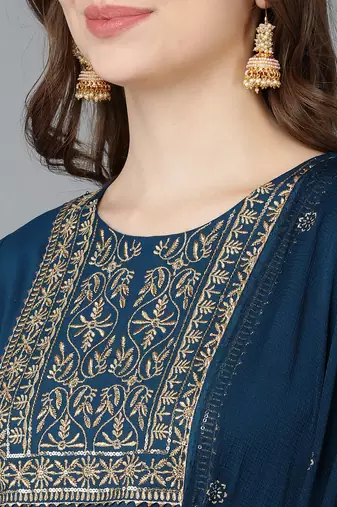 teal color embroidered silk blend styles kurta trouser with dupatta
