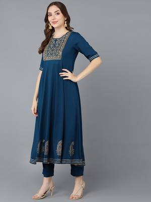teal color embroidered silk blend styles kurta trouser with dupatta 3