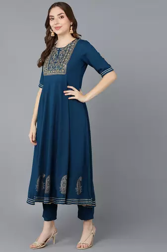 teal color embroidered silk blend styles kurta trouser with dupatta