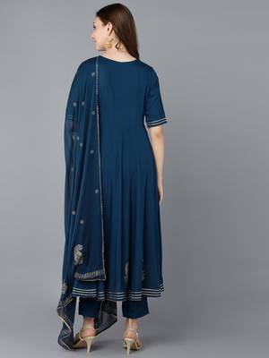 teal color embroidered silk blend styles kurta trouser with dupatta 4