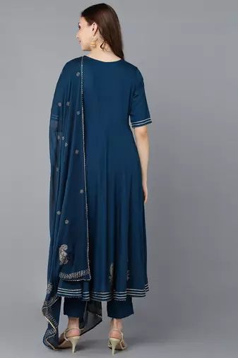 teal color embroidered silk blend styles kurta trouser with dupatta