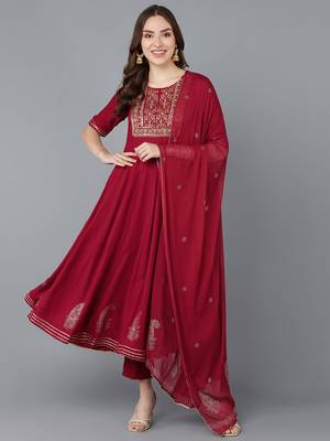 maroon color embroidered silk blend styles kurta trouser with dupatta 1