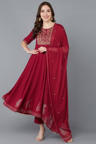 maroon color embroidered silk blend styles kurta trouser with dupatta