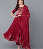 maroon color embroidered silk blend styles kurta trouser with dupatta