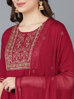 maroon color embroidered silk blend styles kurta trouser with dupatta 2