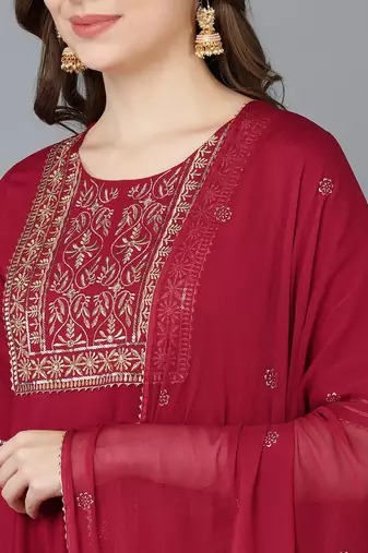 maroon color embroidered silk blend styles kurta trouser with dupatta