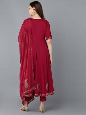 maroon color embroidered silk blend styles kurta trouser with dupatta 4