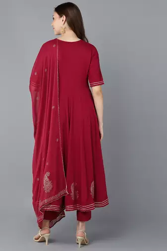 maroon color embroidered silk blend styles kurta trouser with dupatta