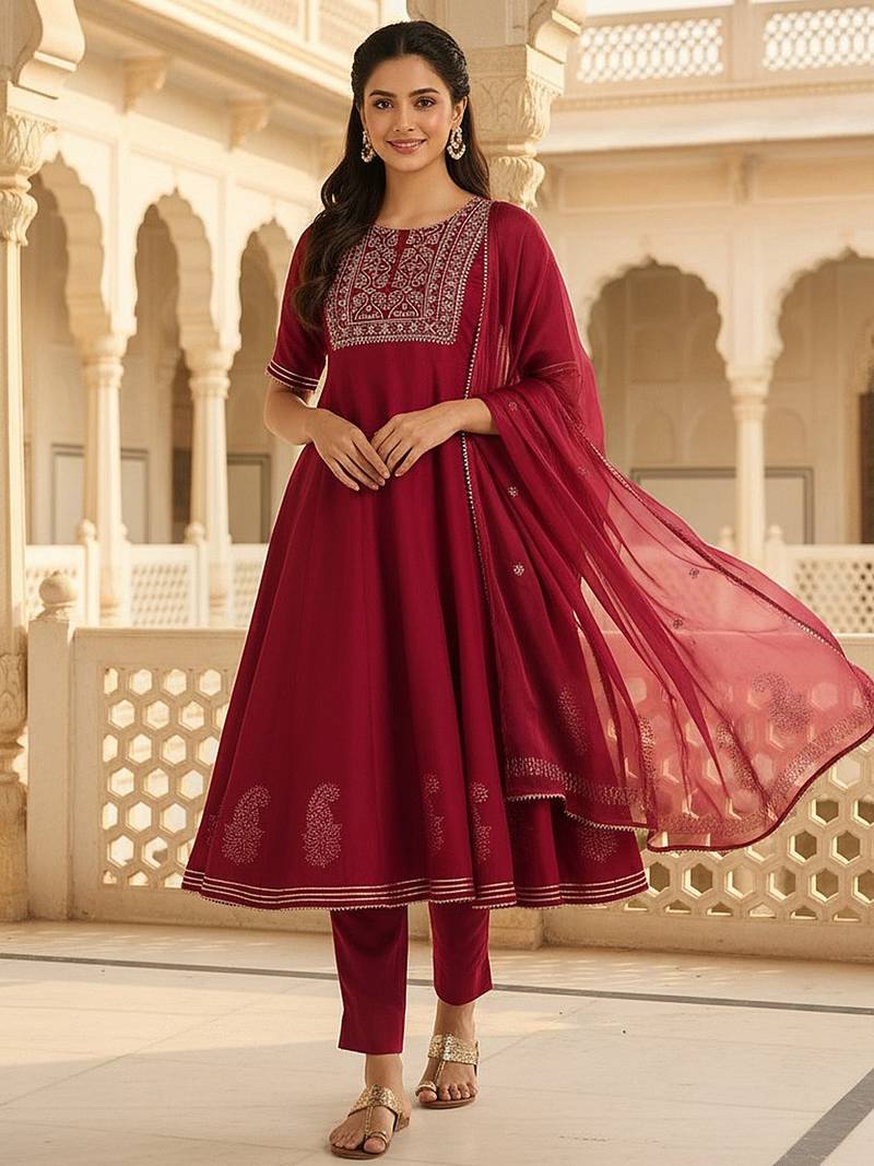 burgundy color embroidered silk blend styles kurta trouser with dupatta