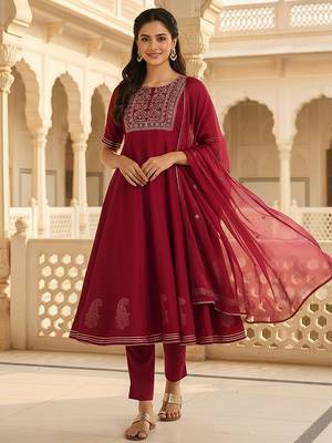 burgundy color embroidered silk blend styles kurta trouser with dupatta 1