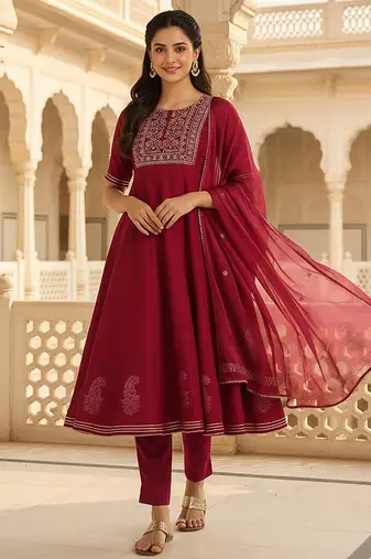 burgundy color embroidered silk blend styles kurta trouser with dupatta