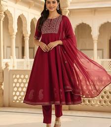 burgundy color embroidered silk blend styles kurta trouser with dupatta