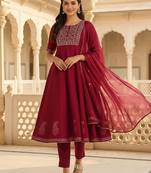 burgundy color embroidered silk blend styles kurta trouser with dupatta