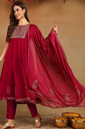 burgundy color embroidered silk blend styles kurta trouser with dupatta