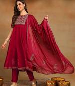 burgundy color embroidered silk blend styles kurta trouser with dupatta