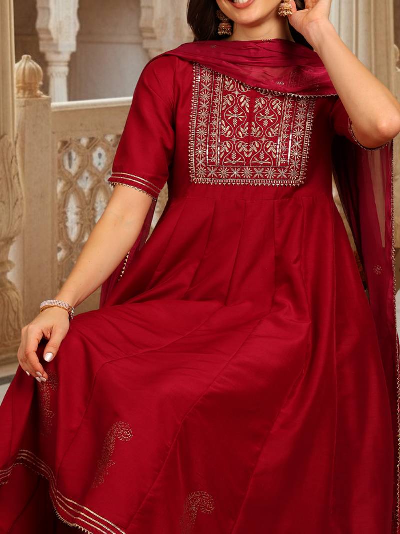 burgundy color embroidered silk blend styles kurta trouser with dupatta