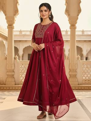 burgundy color embroidered silk blend styles kurta trouser with dupatta 3