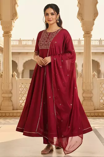 burgundy color embroidered silk blend styles kurta trouser with dupatta