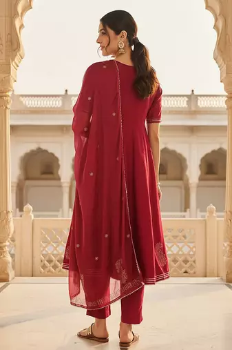 burgundy color embroidered silk blend styles kurta trouser with dupatta