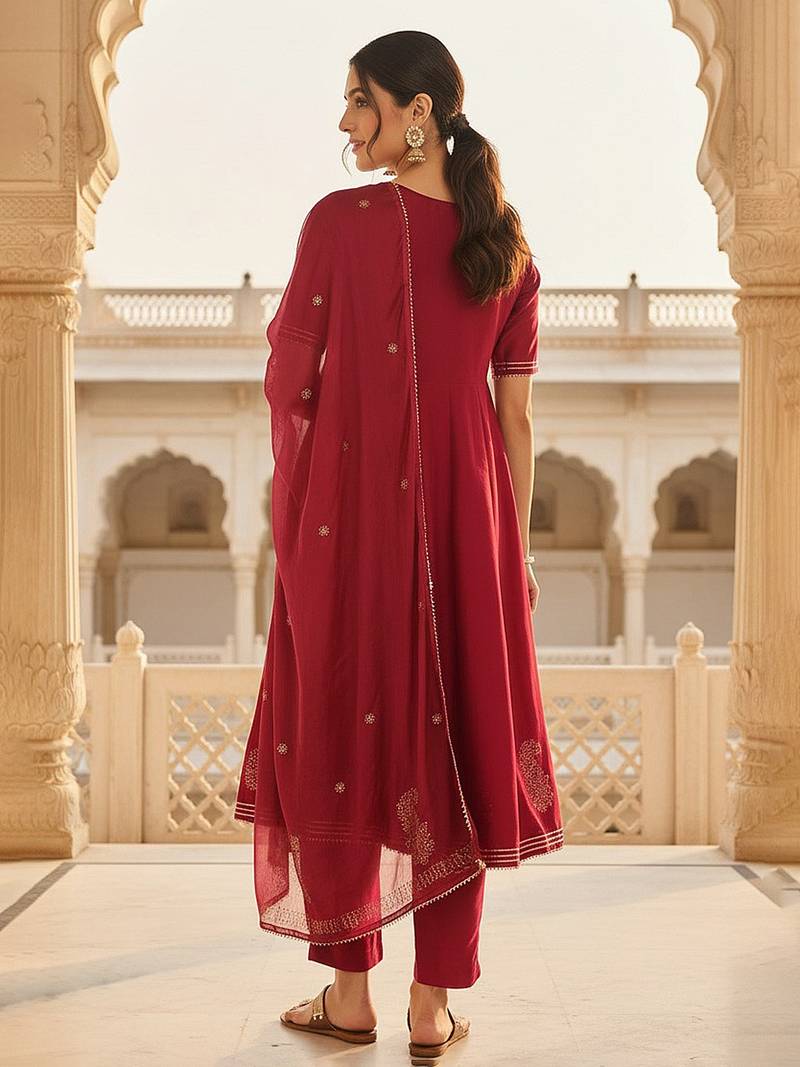 burgundy color embroidered silk blend styles kurta trouser with dupatta