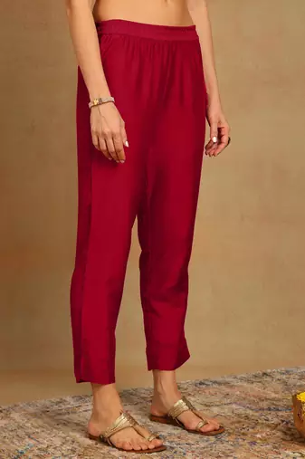 burgundy color embroidered silk blend styles kurta trouser with dupatta