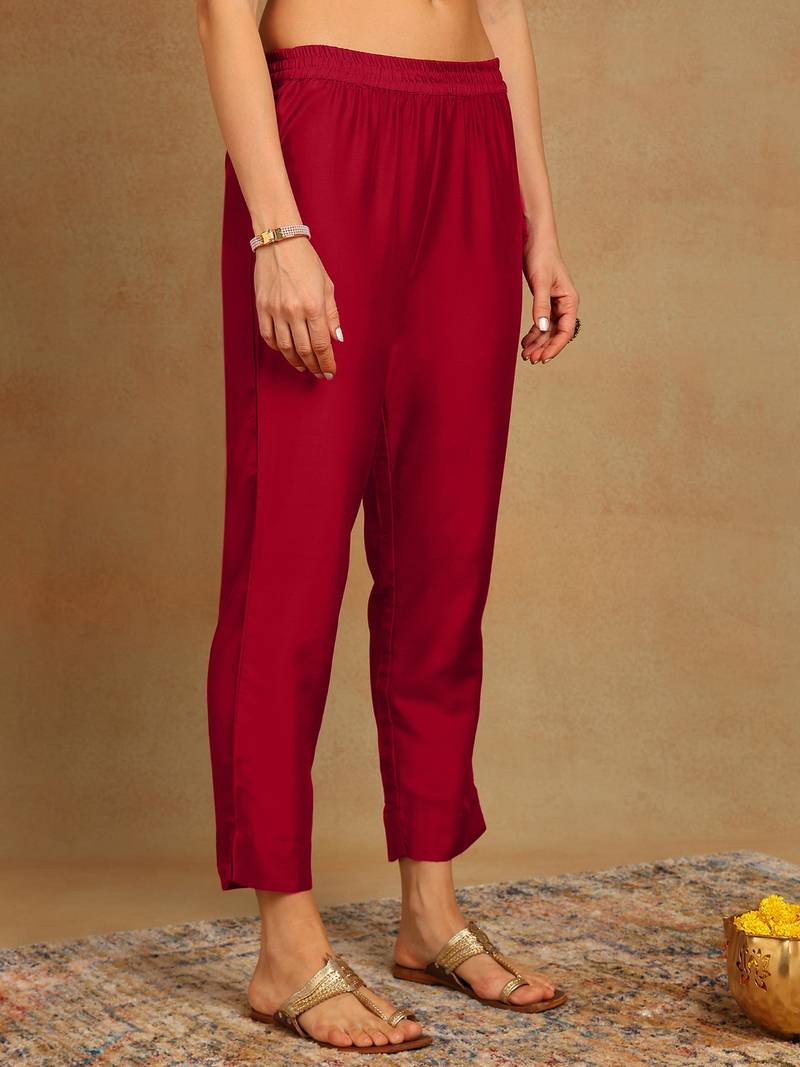 burgundy color embroidered silk blend styles kurta trouser with dupatta