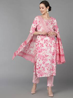 pink color printed cotton blend styles kurta trouser with dupatta 1